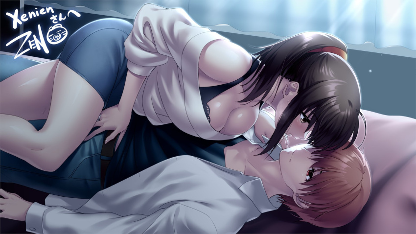 1boy 1girl angel_beats! arm_at_side assertive_female belt between_legs black_belt black_bra black_shirt blush bra breasts brown_hair cleavage closed_mouth collarbone collared_shirt commentary commission denim denim_shorts dress_shirt english_commentary eye_contact eyelashes girl_on_top grey_eyes hair_between_eyes hand_between_legs hand_on_another's_crotch hand_on_another's_shoulder hetero highres hisako_(angel_beats!) incoming_kiss indoors jeans knee_up large_breasts long_hair long_sleeves looking_at_another lying night nose off_shoulder on_back on_bed one_eye_covered open_clothes open_shirt otonashi_yuzuru paid_reward_available pants parted_lips ponytail red_eyes second-party_source shiny_skin shirt short_hair shorts sidelighting sidelocks signature single_bare_shoulder skeb_commission sweat thighs underwear visible_air white_shirt zen_(kamuro)
