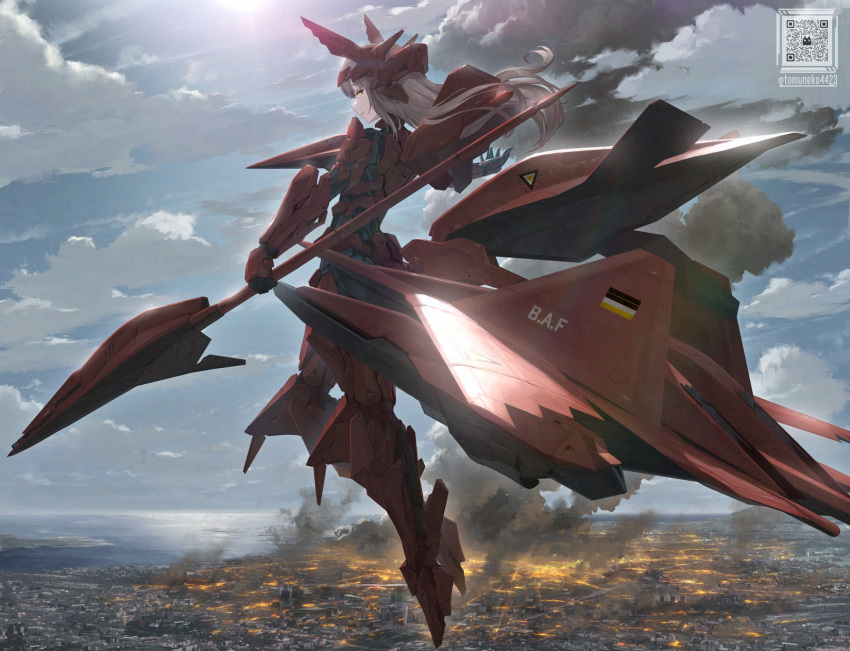 1girl ace_combat adler artist_name axe battle battle_axe brown_hair cloud cloudy_sky fire highres holding holding_weapon landscape looking_at_viewer looking_back mecha_musume red_armor science_fiction sky smile smoke solo tom-neko_(zamudo_akiyuki) weapon yellow_eyes