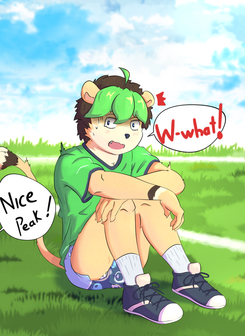 accidental_exposure anthro blush blush_lines clothing diaper embarrassed exposed_diaper felid feline hi_res kemono lion luce_bontemps male mammal pantherine pull-ups_(diaper) raiki soccer_field soccer_uniform solo sportswear startled uniform