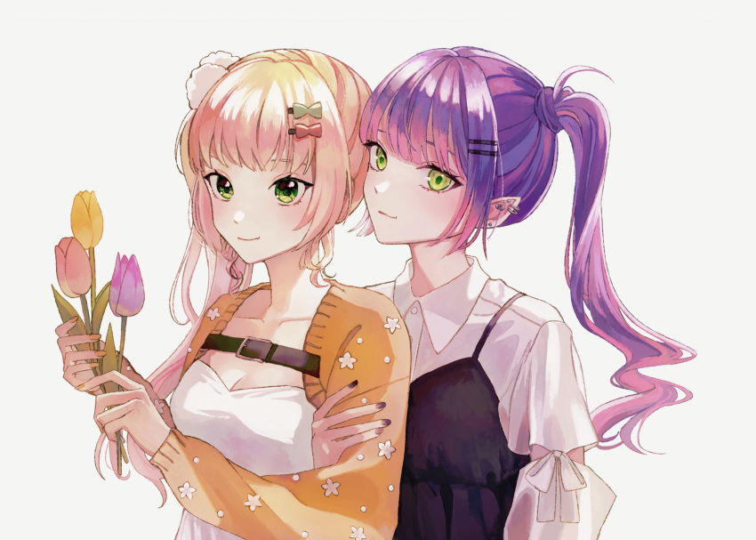 2girls alternate_costume alternate_hairstyle blonde_hair closed_mouth earrings fang flower fyuu-ka green_eyes highres holding holding_another's_arm holding_flower hololive jewelry long_hair looking_at_viewer momosuzu_nene multiple_earrings multiple_girls nail_polish pink_flower pink_tulip pointy_ears purple_hair purple_nails purple_tulip shirt side_ponytail skin_fang smile tokoyami_towa tulip upper_body virtual_youtuber white_background white_shirt yellow_flower yellow_nails yellow_tulip