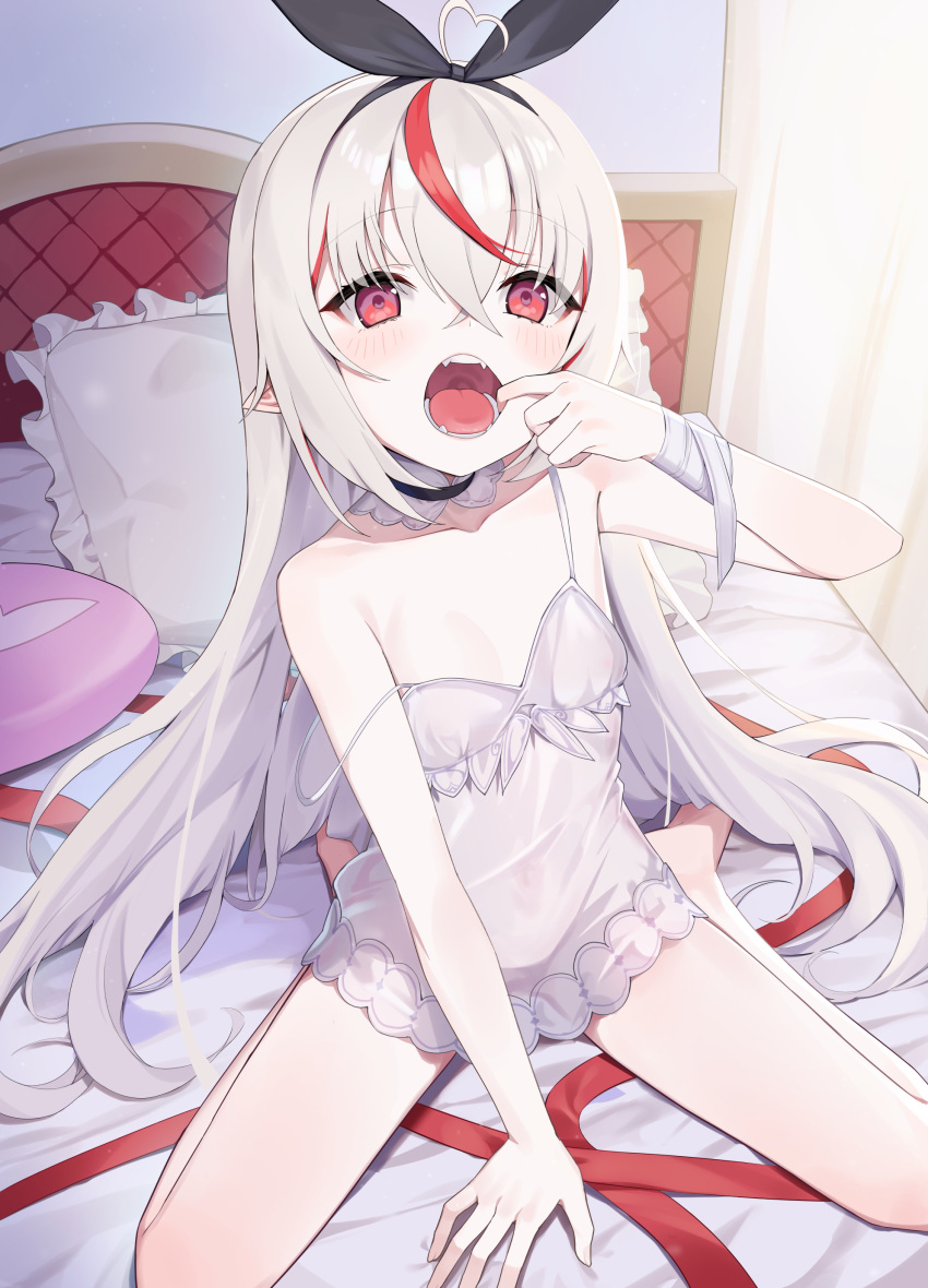 1girl absurdres ahoge arm_support bandaged_arm bandages bare_arms bare_legs bare_shoulders barefoot black_hairband black_ribbon commentary_request dress fangs frilled_pillow frills grey_hair hair_ribbon hairband heart heart_ahoge highres long_hair looking_at_viewer mouth_pull multicolored_hair navel ohihil on_bed open_mouth original pillow red_eyes red_hair red_ribbon ribbon see-through sitting sleeveless sleeveless_dress solo strap_slip streaked_hair very_long_hair wariza white_dress