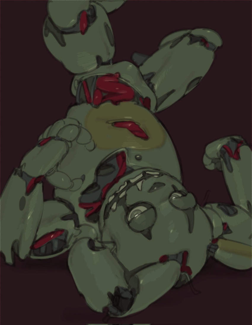 animatronic anthro bulge five_nights_at_freddy's five_nights_at_freddy's_3 green_body hi_res joints kogito lagomorph leporid lidded_eyes lying machine male mammal on_back on_model rabbit robot scottgames solo springtrap_(fnaf) teeth