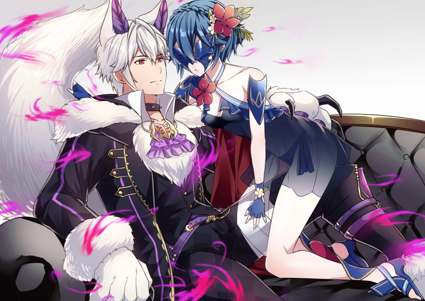 ameno_(a_meno0) animal_ears aura bare_arms bare_legs bare_shoulders bikini blue_bikini blue_hair boots braid breasts cleavage cloak collar collarbone couch dark_aura expressionless fingerless_gloves fire_emblem fire_emblem_awakening fire_emblem_heroes flower gloves hair_between_eyes hair_flower hair_ornament halloween halloween_costume kneeling long_sleeves lucina_(fire_emblem) lucina_(summer)_(fire_emblem) marth_(fire_emblem_awakening) mask official_alternate_costume official_alternate_hairstyle on_couch pants red_eyes robin_(fire_emblem) robin_(male)_(fire_emblem) robin_(male)_(halloween)_(fire_emblem) see-through short_hair small_breasts spiked_collar spikes swimsuit tail tail_grab white_hair wolf_boy wolf_ears wolf_tail