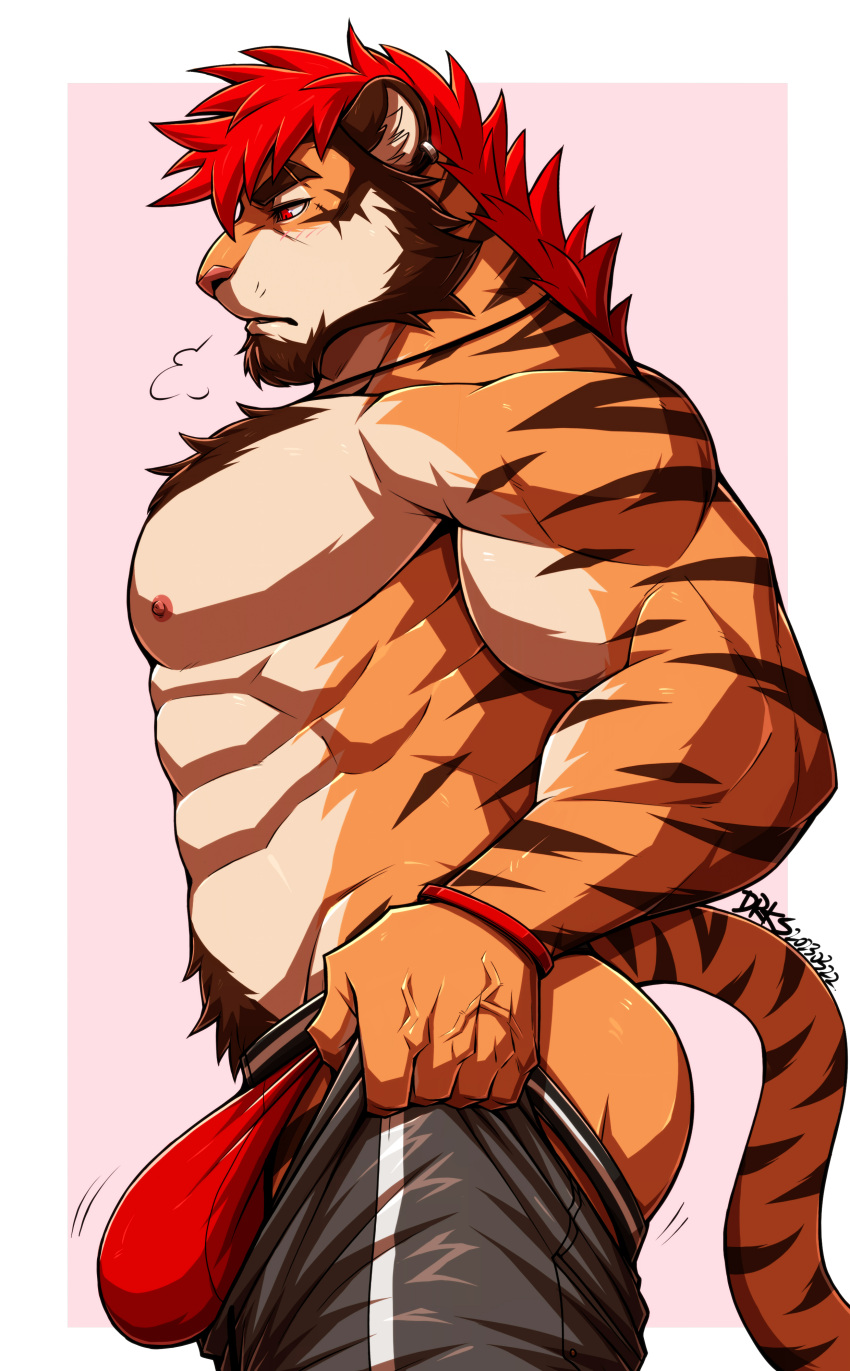 1boy abs absurdres ass ass_lift bara beard blush bouncing_bulge bulge bulge_lift chest_hair chest_tuft dressing drks facial_hair feet_out_of_frame from_side furry furry_male highres i've_never_seen_a_guy_recreate_this_successfully_tbh_(meme) jewelry large_bulge large_pectorals long_hair male_focus male_underwear mature_male meme motion_lines muscular muscular_male navel navel_hair necklace nipples open_pants original pants pants_lift pectorals red_hair red_male_underwear sigh solo stomach tail thick_eyebrows tiger_boy tiger_tail topless_male track_pants undersized_clothes underwear