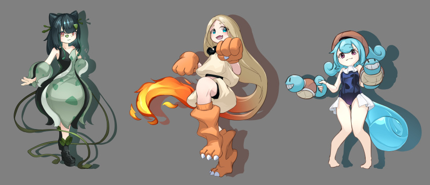 3girls absurdres animal_feet animal_hands barefoot black_footwear blonde_hair blue_eyes blue_hair blue_one-piece_swimsuit brown_headwear bulbasaur charmander closed_mouth collarbone detached_sleeves drop_shadow eyelashes fang fiery_hair grey_background hair_ears highres holding holding_watering_can multiple_girls one-piece_swimsuit open_mouth oufuoujifuji plant pokemon purple_eyes red_eyes simple_background skin_fang smile squirtle starter_pokemon_trio swimsuit vines watering_can