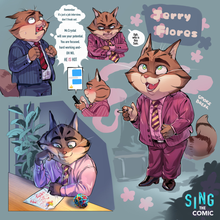 anthro cigarette clothing comic crystal_ice domestic_cat felid feline felis hi_res illumination_entertainment jerry_(sing) logo male mammal necktie rubber_band sing_(movie) smoking suit text