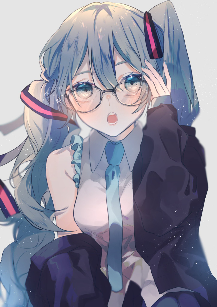 1girl :o armpit_crease bare_shoulders black-framed_eyewear black_jacket black_skirt blue_eyes blue_hair blue_nails blue_necktie blush breasts collared_shirt commentary_request cowboy_shot frilled_shirt frills glasses hair_ornament hair_ribbon hand_in_own_hair hand_up hatsune_miku highres jacket long_hair long_sleeves looking_at_viewer nail_polish necktie off_shoulder open_clothes open_jacket open_mouth ribbon shirt simple_background skirt sleeveless sleeveless_shirt sleeves_past_wrists small_breasts solo star_(symbol) teeth twintails un_known9999 vocaloid white_background white_shirt