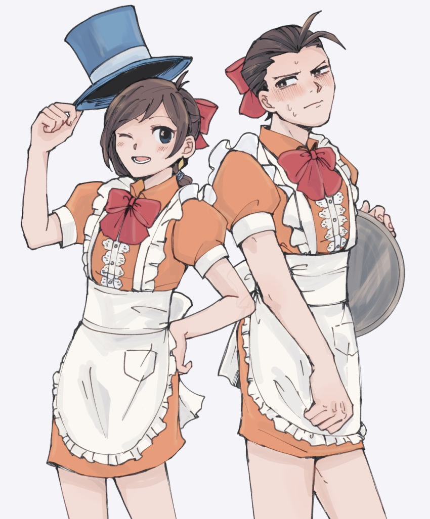 1boy 1girl ;d ace_attorney antenna_hair apollo_justice apron arm_up back_bow blue_eyes blue_headwear blush bow bowtie brother_and_sister brown_hair buttons center_frills closed_mouth collared_dress cowboy_shot crossdressing dress dress_tug earrings embarrassed frilled_apron frills hair_bow hand_on_own_hip hat hat_tip highres holding holding_tray jewelry kiro_iroiro looking_at_viewer lower_teeth_only maid maid_apron male_maid medium_hair one_eye_closed open_mouth orange_dress pocket puffy_short_sleeves puffy_sleeves red_bow red_bowtie short_dress short_hair short_sleeves siblings simple_background smile swept_bangs teeth top_hat tray tres_bien_maid_uniform trucy_wright white_apron white_background white_bow