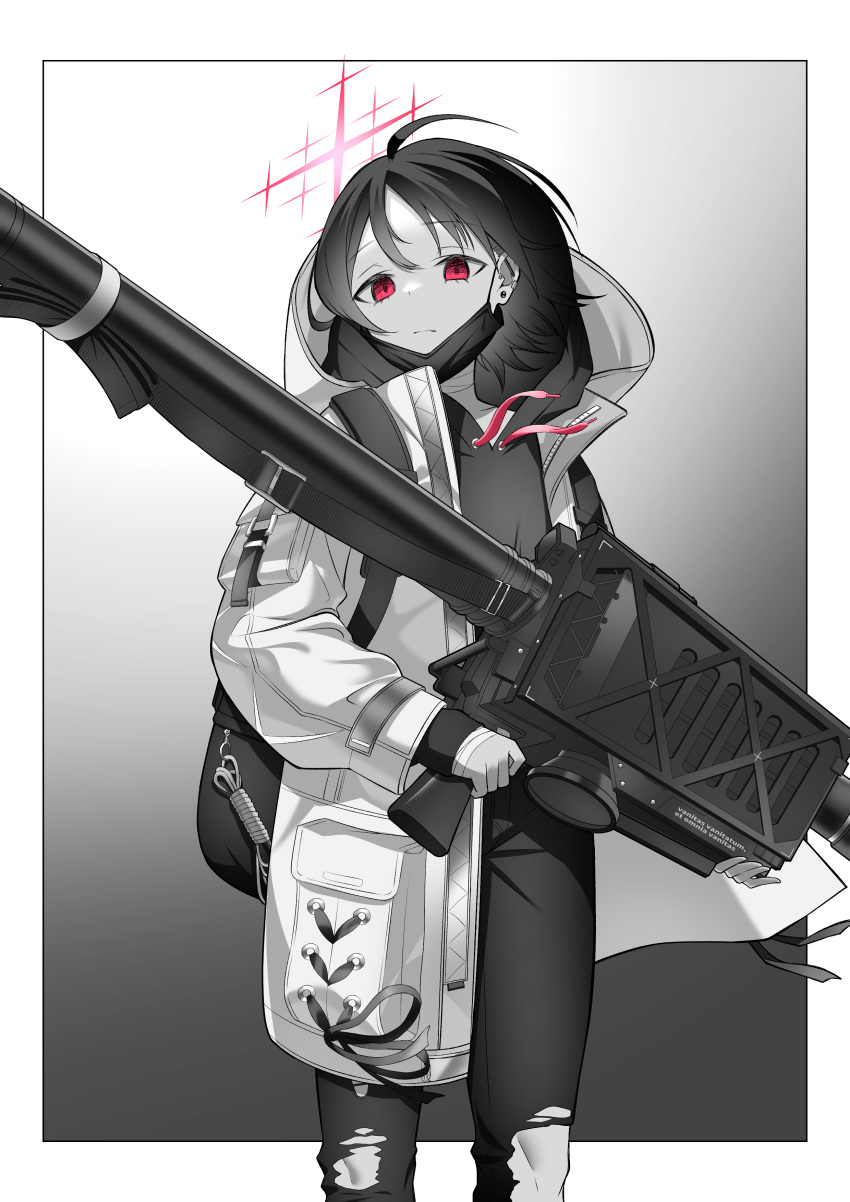 1girl absurdres backpack bag bandaged_neck bandages blue_archive border closed_mouth coat cross cross_crosslet drawstring earrings expressionless feet_out_of_frame fim-92_stinger frown gradient_background greyscale halo highres holding holding_rocket_launcher holding_weapon hood hood_down hooded_coat hoodie jewelry kuryuu_chiaki lanyard latin_text long_sleeves looking_at_viewer mask mask_pull misaki_(blue_archive) monochrome mouth_mask open_clothes open_coat outside_border pants pocket rocket_launcher short_hair sling solo spot_color stud_earrings torn_clothes torn_pants weapon white_border