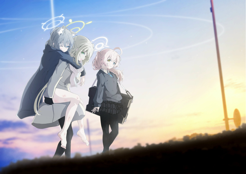 3girls absurdres ahoge barefoot black_bag black_gloves black_pantyhose black_skirt blazer blonde_hair blue_archive blue_eyes blurry carrying coat commentary_request depth_of_field gloves green_eyes grey_coat grey_hair grey_halo halo heterochromia highres hoshino_(blue_archive) jacket long_hair long_sleeves looking_at_another multiple_girls nanao_(m44132yf) neckerchief nonomi_(blue_archive) one_eye_closed outdoors pantyhose piggyback pink_hair pink_halo pink_neckerchief plaid plaid_skirt pleated_skirt school_uniform shiroko_(blue_archive) skirt sky sunset walking yellow_eyes yellow_halo