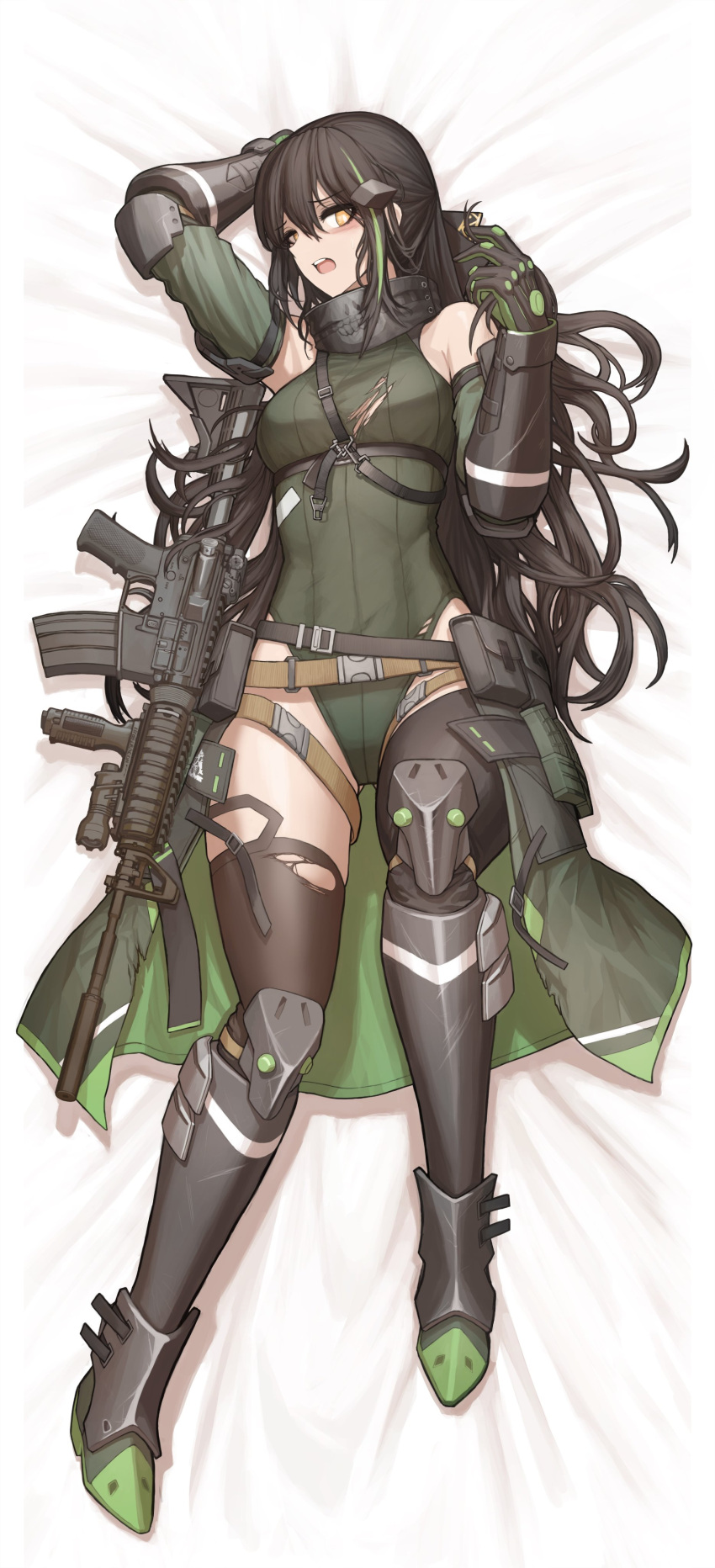 1girl absurdres arm_up armored_boots assault_rifle bed_sheet belt black_hair black_pantyhose black_thighhighs boots brown_hair cheogtanbyeong coat commentary_request dakimakura_(medium) detached_sleeves frown gauntlets girls'_frontline gloves green_coat green_hair green_leotard gun highres knee_up korean_commentary leotard long_hair long_sleeves looking_at_viewer lying m4_carbine m4a1_(girls'_frontline) multicolored_hair on_back open_mouth pantyhose pouch ribbed_leotard rifle solo streaked_hair thighhighs torn_clothes torn_leotard torn_pantyhose two-tone_hair weapon yellow_eyes