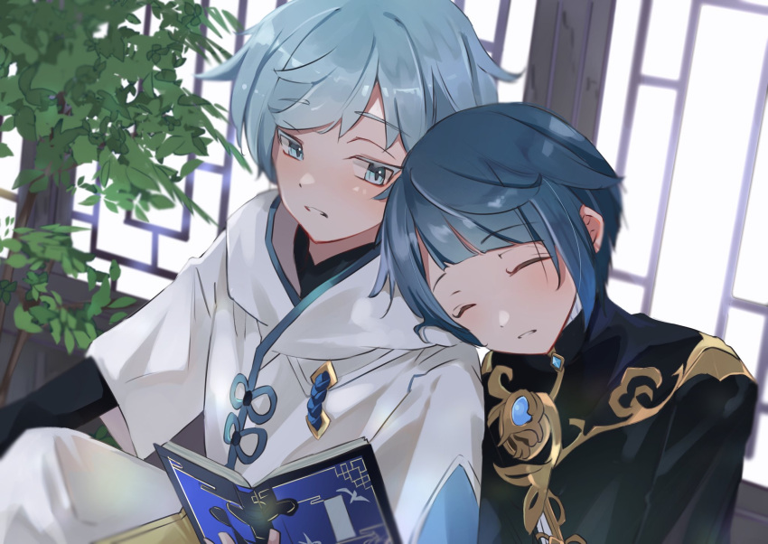 2boys black_coat blue_eyes blue_hair blunt_bangs blush book chongyun_(genshin_impact) closed_eyes coat diagonal_bangs genshin_impact head_on_another's_shoulder highres hood hood_down hoodie indoors leaning_on_person light_blue_hair looking_at_another looking_to_the_side male_focus multiple_boys open_book parted_lips short_hair sitting sleeping upper_body white_hoodie xingqiu_(genshin_impact) yui_4293