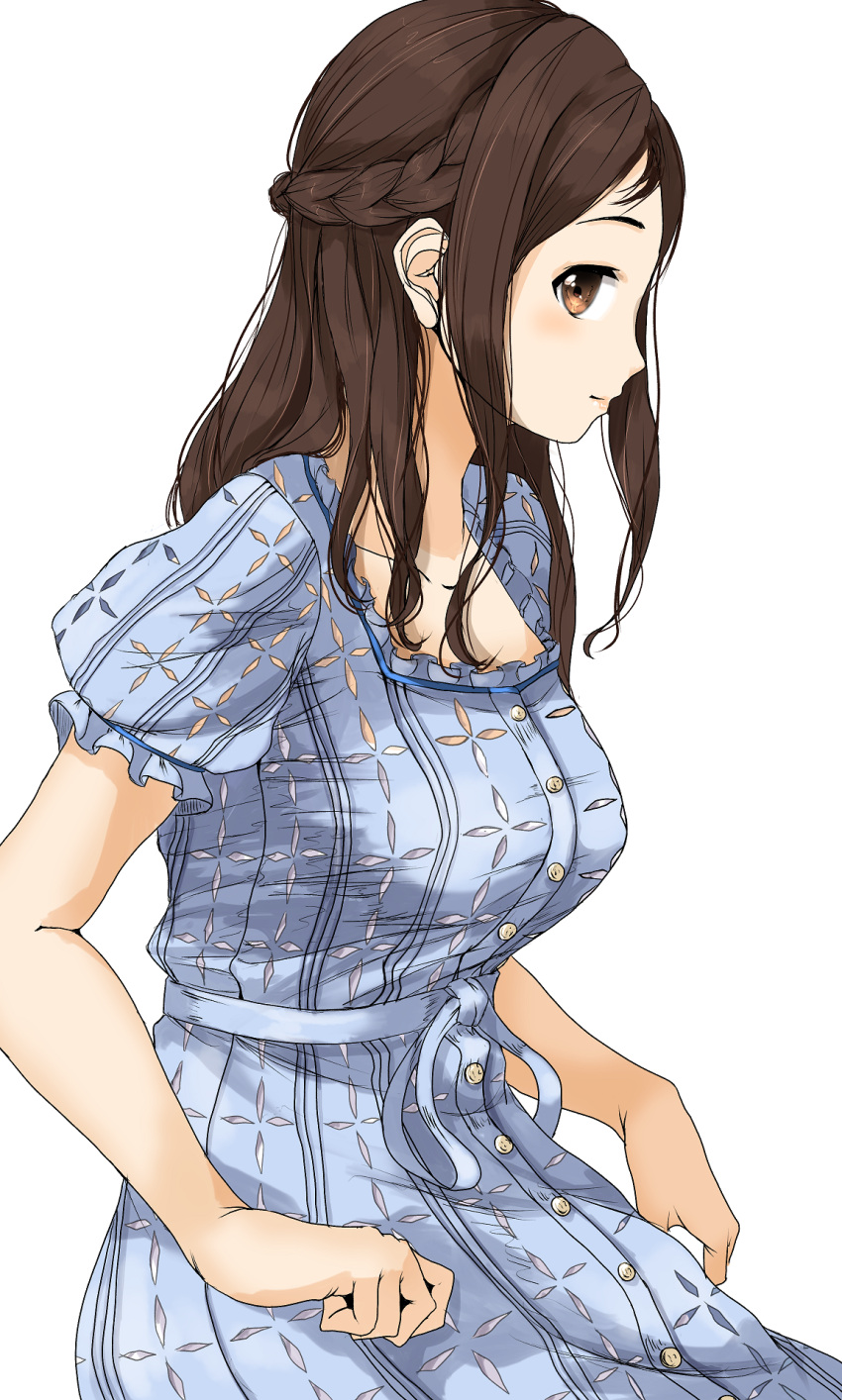 1girl alternate_hairstyle ayase_honoka blue_bow blue_dress blush bow braid breasts brown_eyes brown_hair closed_mouth collarbone cowboy_shot dress frilled_dress frills from_side gatsby_ssl highres idolmaster idolmaster_cinderella_girls idolmaster_cinderella_girls_starlight_stage long_hair looking_at_viewer medium_breasts short_sleeves simple_background smile solo standing waist_bow white_background
