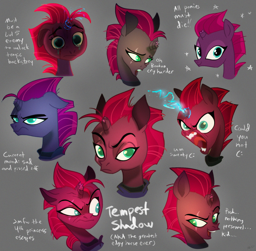 2017 bodily_fluids broken_horn crying dialogue digital_media_(artwork) dipstick_ears english_text equid equine eye_scar facial_scar female feral friendship_is_magic green_eyes hair hasbro hi_res horn magic mammal mohawk multicolored_ears my_little_pony my_little_pony:_the_movie_(2017) pink_hair purple_body scar tears teeth tempest_shadow_(mlp) text tongue tongue_out unicorn wreckham