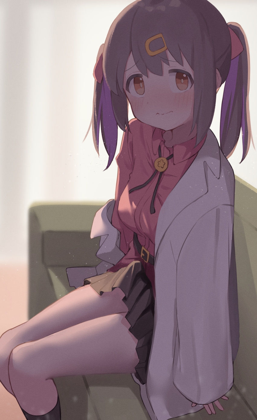 1girl absurdres belt black_hair black_skirt black_socks blush bolo_tie brown_eyes bulge commentary couch erection erection_under_clothes futanari hair_ornament hairclip highres kneehighs labcoat long_hair looking_at_viewer multicolored_hair nemu_mayo off_shoulder on_couch onii-chan_wa_oshimai! open_labcoat oyama_mihari pleated_skirt purple_hair red_shirt shirt sitting skirt socks solo twintails two-tone_hair wavy_mouth wing_collar