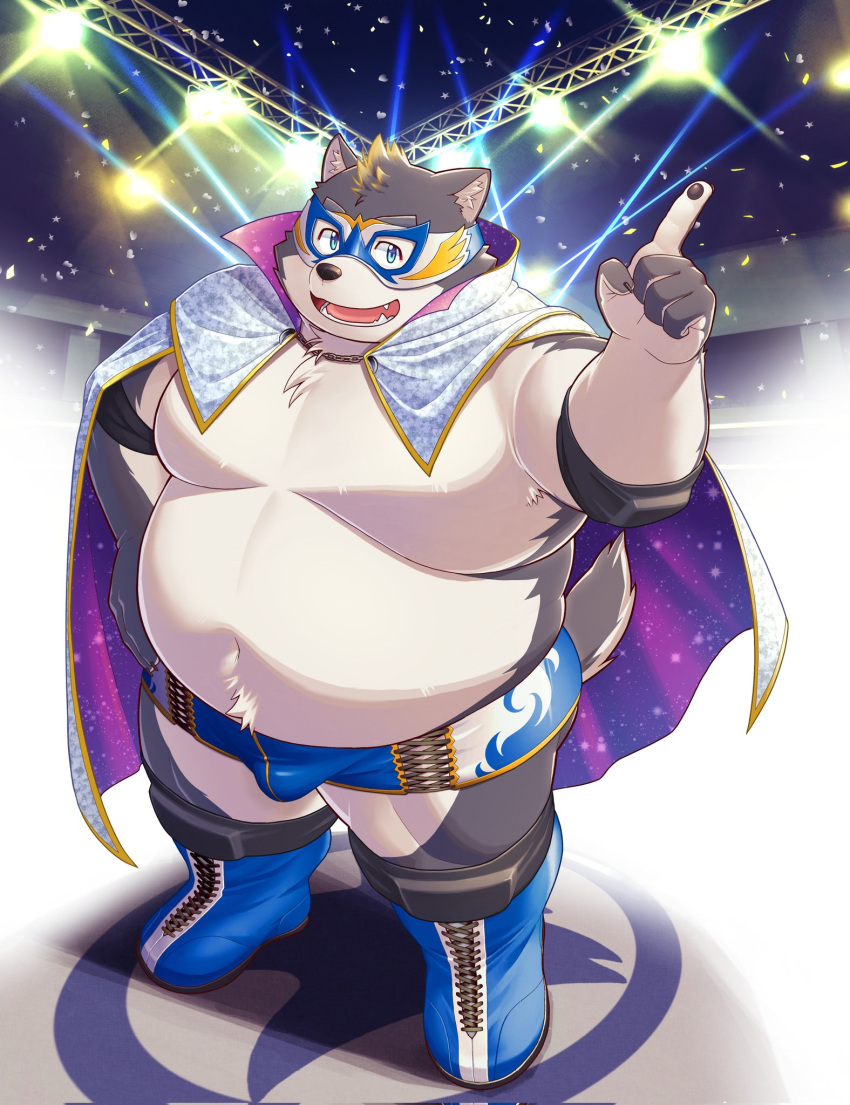 2023 anthro belly big_belly bottomwear bulge canid canine canis cape clothing detailed_background domestic_dog grey_body hi_res humanoid_hands kemono male mammal mask moobs overweight overweight_male shorts solo wrestler yukimushi6