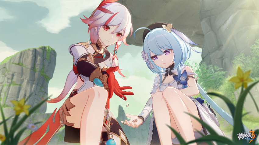 2girls bare_legs beret black_headwear breasts child chinese_clothes chinese_commentary cloud day dress flower fu_hua fu_hua_(phoenix) gloves griseo hat highres honkai_(series) honkai_impact_3rd kneeling legs light_brown_hair logo long_hair mountain multicolored_hair multiple_girls official_art official_wallpaper open_hand outdoors purple_eyes red_eyes red_gloves red_headwear seed sky small_breasts smile spoilers streaked_hair white_dress white_hair yellow_flower