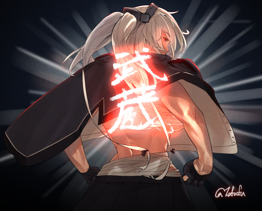 1girl black_gloves black_skirt breasts character_name dark-skinned_female dark_skin from_behind fuwafuwatoufu gloves highres kantai_collection large_breasts long_hair musashi_(kancolle) musashi_kai_ni_(kancolle) one-hour_drawing_challenge partially_fingerless_gloves pleated_skirt red_eyes skirt solo twintails twitter_username upper_body white_hair