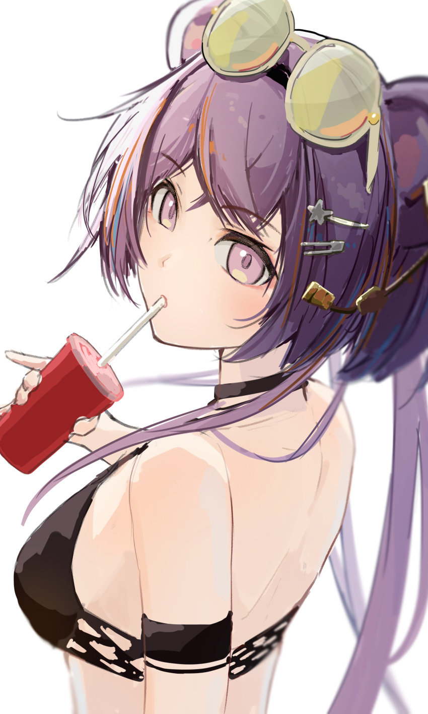 1girl absurdres animal_ears arknights bare_shoulders bikini black_bikini black_choker breasts choker commentary_request cup disposable_cup drinking_straw eyewear_on_head from_side hair_ornament hairclip hand_up highres holding holding_cup lin_(arknights) long_hair looking_at_viewer looking_to_the_side medium_breasts pink_eyes purple_hair renkon_logistics simple_background solo star_(symbol) star_hair_ornament sunglasses swept_bangs swimsuit tinted_eyewear upper_body white_background yellow-tinted_eyewear