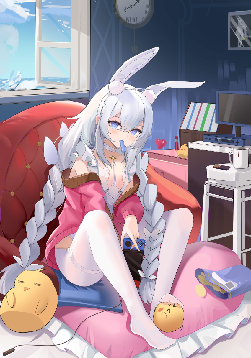 +_+ 1girl absurdres analog_clock animal_ears azur_lane bag_of_chips blue_eyes blue_sky braid breasts butterfly_hair_ornament candy cardigan chinese_commentary chips_(food) chocolate chocolate_bar choker clock cloud coffee_mug collarbone commentary_request computer cup cushion fake_animal_ears feet food food_in_mouth hair_ornament handheld_game_console highres holding holding_handheld_game_console indoors knees_apart_feet_together le_malin_(azur_lane) le_malin_(listless_lapin)_(azur_lane) leotard long_hair looking_at_viewer low_twin_braids manjuu_(azur_lane) monitor mug nintendo_switch no_shoes nontraditional_playboy_bunny npp_(artist) off_shoulder open_window pantyhose pink_cardigan playboy_bunny popsicle popsicle_in_mouth potato_chips rabbit_ears sitting sky small_breasts snack solo toes twin_braids very_long_hair wall_clock white_choker white_hair white_leotard white_pantyhose window