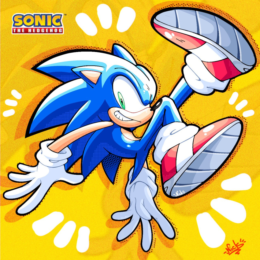 1boy animal_ears blue_fur full_body gloves green_eyes hedgehog highres male_focus notnicknot quill shoes smile sneakers solo sonic_(series) sonic_the_hedgehog tail white_gloves yellow_background