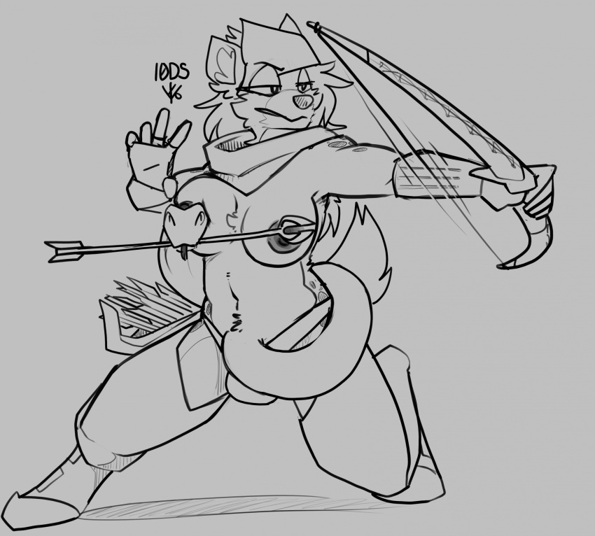 anthro arrow_(weapon) balls bottomwear bow_(weapon) breasts clothed clothing genitals hi_res hyena intersex ioulia_(valrejn) mammal navel nipples open_bottomwear open_clothing open_pants pants pants_only penis prehensile_penis ranged_weapon reptile scalie snake snake_penis solo topazknight unusual_anatomy unusual_genitalia unusual_penis weapon