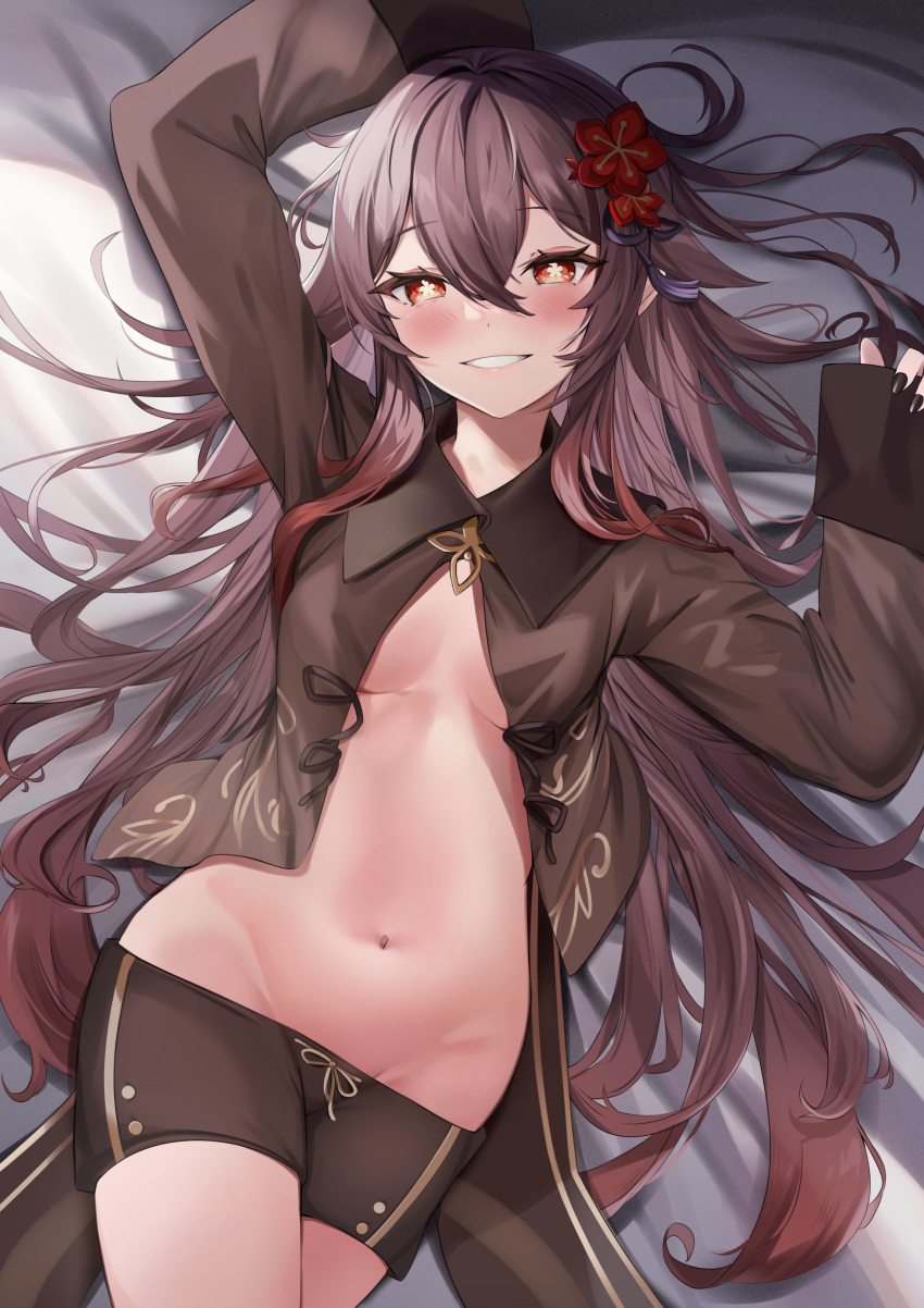 1girl absurdres arms_up bed_sheet black_nails blush breasts brown_coat brown_hair brown_shorts clothes_pull coat collared_coat commentary_request flower flower-shaped_pupils genshin_impact hair_flower hair_ornament highres hu_tao_(genshin_impact) long_hair long_sleeves looking_at_viewer lying navel on_back open_clothes open_coat red_eyes short_shorts shorts shorts_pull sidelocks sleeves_past_wrists small_breasts smile solo stomach symbol-shaped_pupils teeth yutoriko_(candy0905)