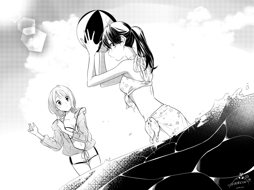 2girls absurdres ahoge alternate_hairstyle ball beachball bikini breasts cleavage closed_mouth collarbone commentary_request dated dutch_angle greyscale hair_between_eyes halterneck highres holding holding_ball honda_sora hood hooded_jacket jacket kashikaze lonely_girl_ni_sakaraenai long_hair long_sleeves looking_at_viewer medium_breasts medium_hair monochrome multiple_girls ocean open_clothes open_jacket partially_underwater_shot ponytail sakurai_ayaka_(lonely_girl_ni_sakaraenai) screentones shorts signature swimsuit wading wet