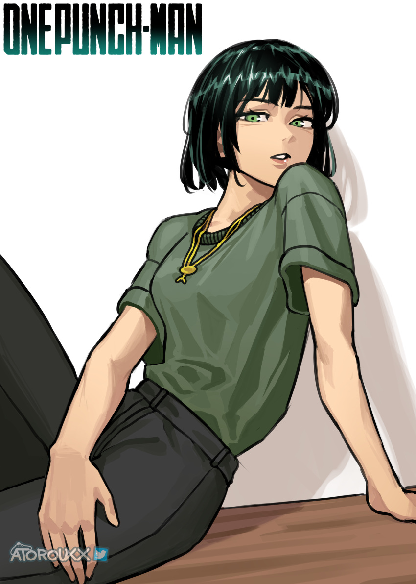 1girl absurdres arm_support artist_name atoroux black_pants copyright_name fubuki_(one-punch_man) green_hair green_shirt highres jewelry necklace one-punch_man pants parted_lips shirt short_hair short_sleeves solo