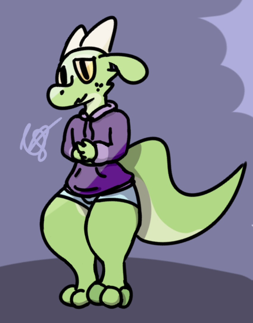 ambiguous_gender anthro big_butt boy_shorts butt clothing cyan_melody freckles green_body green_scales hi_res hoodie horn kobold moss_the_kobold nervous scales scalie solo sweatshirt tail thick_tail thick_thighs topwear underwear wide_hips yellow_eyes