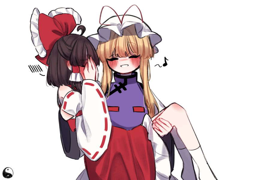 2girls ? absurdres ascot blonde_hair blush bow brown_hair carrying closed_eyes collared_shirt covering_face detached_sleeves dress eighth_note frilled_bow frills hair_bow hair_tubes hakurei_reimu hat highres long_sleeves mob_cap multiple_girls musical_note princess_carry red_bow red_vest shirt short_hair short_hair_with_long_locks sidelocks smile tabard tohou89 touhou vest white_dress white_headwear wide_sleeves yakumo_yukari yellow_ascot