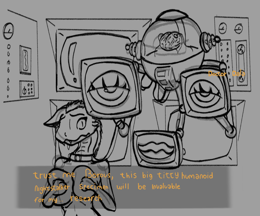 absurd_res anthro bethesda_softworks dialogue duo fallout female female/female hi_res leash machine meme naysayingmongrel night_stalker_(fallout) questionable_consent robot sketch speech_bubble television unfinished