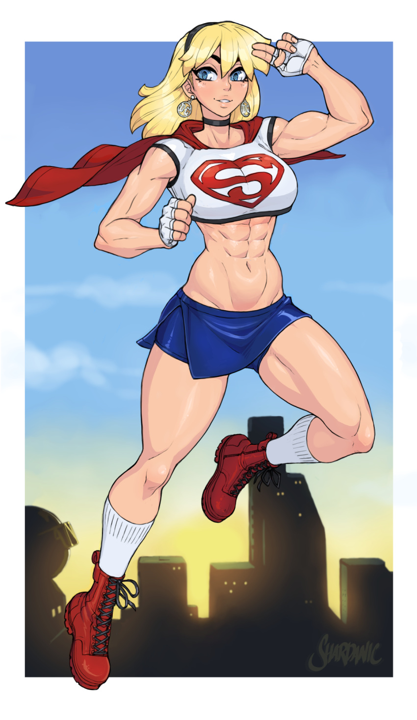 1girl abs blonde_hair blue_eyes boots building choker cityscape crop_top dc_comics earrings fingerless_gloves gloves hairband highres jewelry muscular muscular_female shardanic smile solo supergirl toned