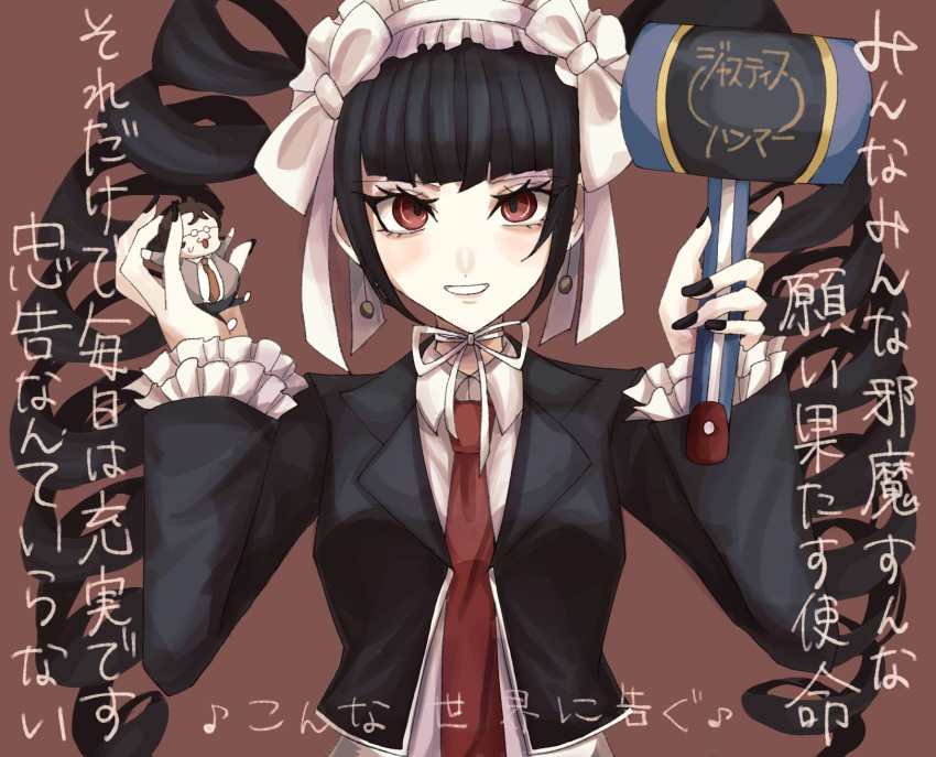 1girl black_jacket black_nails celestia_ludenberg collared_shirt danganronpa:_trigger_happy_havoc danganronpa_(series) doll drill_hair earrings frilled_jacket frills grin hand_up highres holding holding_doll holding_mallet jacket jewelry long_hair long_sleeves mallet nail_polish necktie open_clothes open_jacket red_background red_eyes red_necktie shirt shita_matsuge simple_background smile solo teeth translation_request twin_drills upper_body white_shirt yamada_hifumi