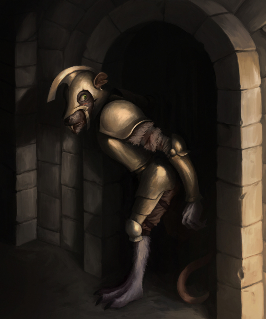 2020 3_toes anthro arch armor barefoot black_claws breastplate brick_wall brown_nose buckteeth claws clothed clothing cuisse digital_media_(artwork) digital_painting_(artwork) facial_scar feet full-length_portrait fur furgonomics ggtfimz gold_earring green_eyes grey_body grey_fur headgear helmet hi_res hiding inside leaning leaning_forward light lighting looking_around_corner male mammal notched_ear plantigrade plate_armor portrait rodent scar side_view skaven snout solo spaulder standing stealth teeth toes vambraces wall_(structure) warhammer_(franchise) warrior