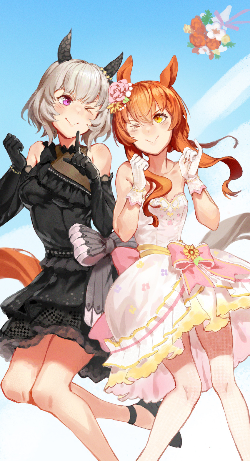 2girls absurdres animal_ears bare_shoulders black_dress black_gloves blue_sky bouquet bow breasts cloud cloudy_sky codename47 commentary_request curren_chan_(sakutsuki_ma_cherie)_(umamusume) curren_chan_(umamusume) dress ear_covers ear_ornament elbow_gloves feet_out_of_frame foot_out_of_frame frilled_dress frills gloves grey_hair highres horse_ears horse_girl horse_tail mayano_top_gun_(sunlight_bouquet)_(umamusume) mayano_top_gun_(umamusume) medium_breasts medium_hair multiple_girls official_alternate_costume official_alternate_hairstyle orange_eyes orange_hair outdoors pink_bow pink_eyes pointing pointing_up short_hair sky sleeveless sleeveless_dress small_breasts smile strapless strapless_dress tail umamusume wedding_dress white_dress white_gloves