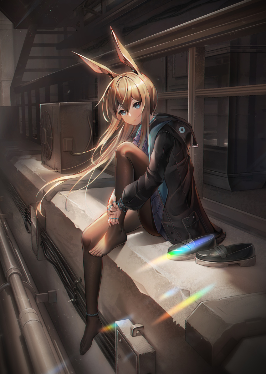 1girl absurdres air_conditioner amiya_(arknights) animal_ears arknights ascot black_jacket black_pantyhose blue_ascot blue_collar blush brown_hair cable collar concrete hair_between_eyes highres hood hood_down hooded_jacket hugging_own_legs jacket knee_up long_hair looking_at_viewer open_clothes open_jacket pantyhose rabbit_ears rabbit_girl shoes sitting smile solo stairs unworn_shoes wa_(user_snch2757)