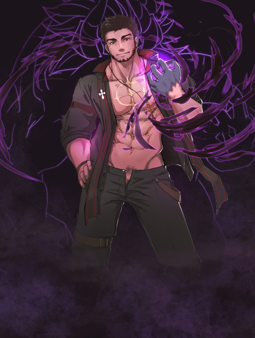 1boy abs aura avenger_(dungeon_and_fighter) bara bare_pectorals beard black_hair bulge character_request check_character cross cross_necklace dark-skinned_male dark_aura dark_skin dungeon_and_fighter facial_hair feet_out_of_frame flaccid gradient_skin highres jewelry kulolin looking_at_viewer male_focus male_priest_(dungeon_and_fighter) mature_male muscular muscular_male navel necklace nipples no_male_underwear open_clothes open_fly open_shirt pectorals penis penis_peek powering_up priest_(dungeon_and_fighter) pubic_hair pubic_hair_peek red_eyes short_hair solo standing stomach