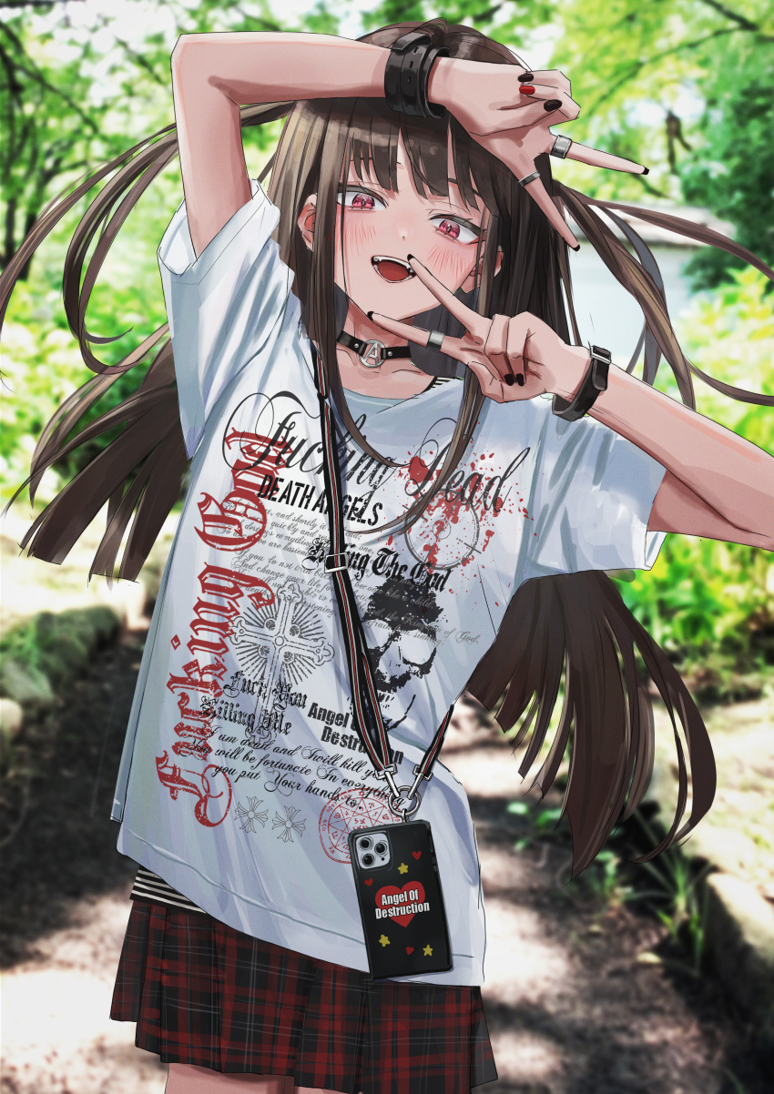 1girl absurdres arm_up belt_bracelet black_nails blunt_ends blush brown_hair cellphone choker collarbone cowboy_shot day double_v english_text floating_hair foliage half-closed_eyes hand_up highres jewelry leaning_to_the_side long_hair looking_at_viewer multicolored_nails multiple_rings nadegata o-ring o-ring_choker open_mouth original outdoors phone photo_background pink_eyes plaid plaid_skirt pleated_skirt red_nails red_skirt ring shirt short_sleeves shoulder_strap sidelocks skirt smartphone smile solo t-shirt two_side_up v