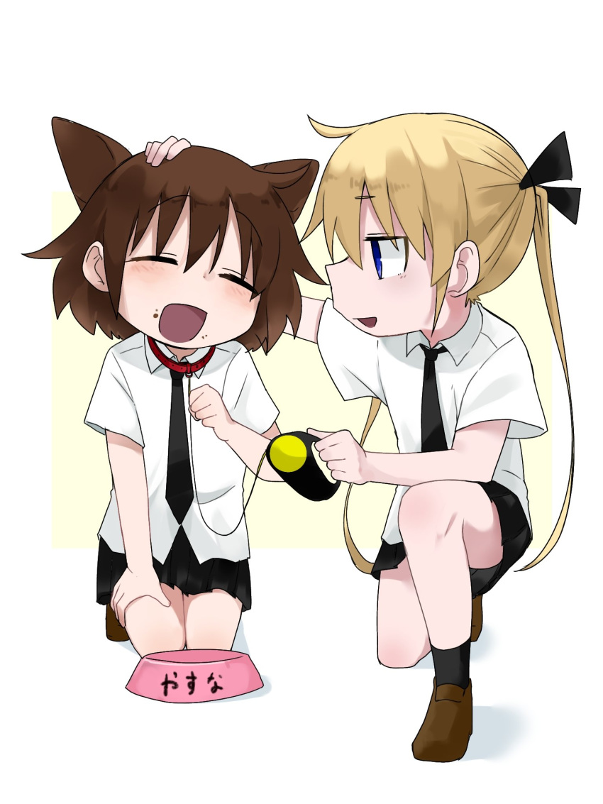 2girls animal_ears blonde_hair blush bowl brown_hair collar fusuma_(suwaru_boom) hair_ribbon highres kill_me_baby leash long_hair multiple_girls necktie open_mouth oribe_yasuna pet_bowl petting purple_eyes ribbon school_uniform shirt short_hair simple_background skirt sonya_(kill_me_baby) twintails white_background