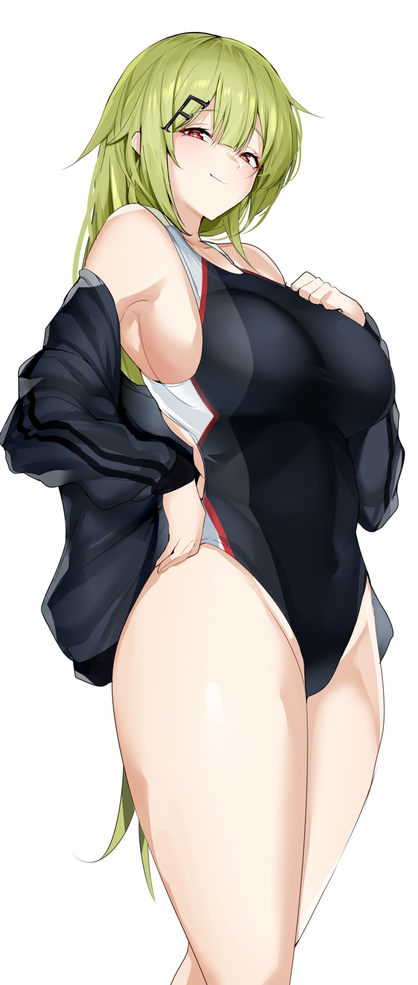 1girl absurdres alternate_costume arched_back ass back_cutout bare_arms bare_shoulders black_jacket black_one-piece_swimsuit blush breasts closed_mouth clothing_cutout commission competition_swimsuit criss-cross_back-straps from_behind girls'_frontline green_eyes grey_headwear groin hair_ornament hairclip highleg highleg_swimsuit highres impossible_clothes impossible_swimsuit jacket large_breasts long_hair long_sleeves looking_at_viewer maruyaa_(malya1006) median_furrow mk48_(girls'_frontline) off_shoulder one-piece_swimsuit open_clothes open_jacket red_eyes simple_background skeb_commission smile smug solo swimsuit taut_clothes taut_swimsuit thighs track_jacket trefoil two-tone_one-piece_swimsuit white_background white_one-piece_swimsuit