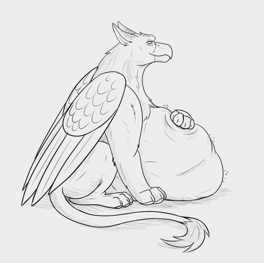 after_vore ambiguous_gender avian beak feral feral_pred gryphon hand_on_own_belly hi_res looking_at_belly mythological_avian mythology sitting sketch thatgryphonguy vore wings