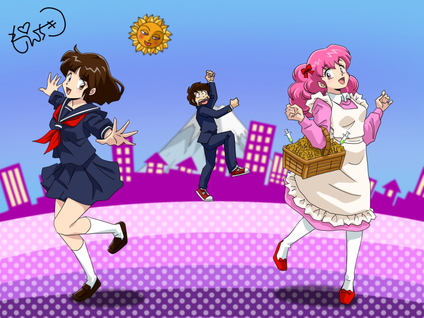 brown_hair food hair_ribbon highres miyake_shinobu moechiki moroboshi_ataru picnic_basket pink_eyes pink_hair ran_(urusei_yatsura) ribbon school_uniform signature sun syringe takoyaki urusei_yatsura