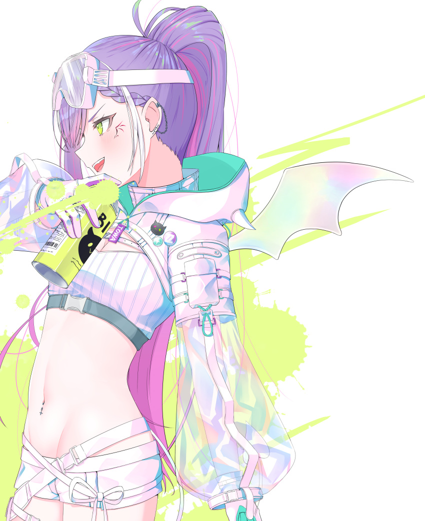 1girl absurdres blue_gloves blue_hoodie blush breasts can cleavage colored_inner_hair demon_wings facial_tattoo gloves green_eyes high_ponytail highres holding holding_can hololive hood hoodie lunariskat multicolored_hair navel navel_piercing official_alternate_costume open_mouth piercing pink_hair pointy_ears purple_eyes purple_gloves see-through see-through_sleeves short_shorts shorts small_breasts spray_can streaked_hair tattoo tokoyami_towa tokoyami_towa_(5th_costume) two-sided_gloves two-sided_hoodie virtual_youtuber white_gloves white_hoodie white_shorts white_shrug wings