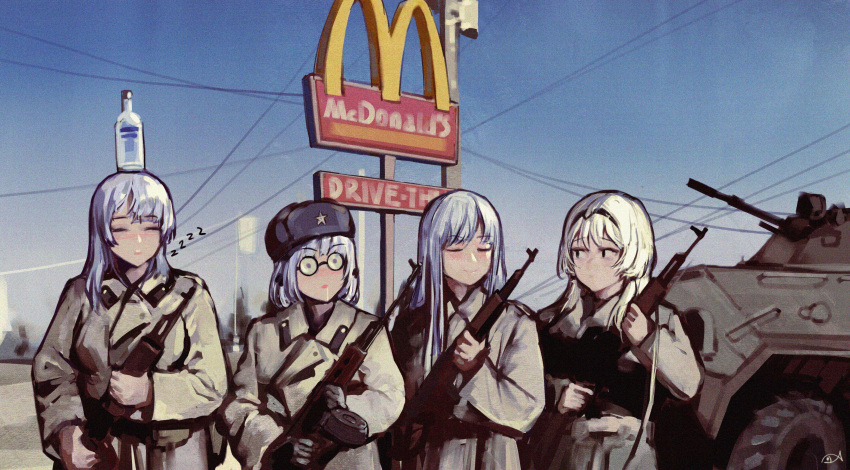 4girls :o absurdres afghanistan ak-12_(girls'_frontline) ak-15_(girls'_frontline) alcohol alternate_costume an-94_(girls'_frontline) armored_personnel_carrier armored_vehicle assault_rifle asymmetrical_bangs asymmetrical_hair blue_hair blue_sky blush bottle bottle_on_head btr-80 closed_eyes closed_mouth coat collar_tabs commentary cowboy_shot day defy_(girls'_frontline) drive-thru drum_magazine english_text fur_hat girls'_frontline glass_bottle glasses grey_headwear gun hair_between_eyes hair_ornament hat hat_ornament headband highres holding holding_gun holding_weapon iuui kalashnikov_rifle light_blue_hair light_machine_gun long_hair looking_at_another machine_gun magazine_(weapon) mcdonald's military military_hat military_jacket military_uniform military_vehicle motor_vehicle multiple_girls object_on_head open_mouth outdoors parody parted_lips photo-referenced power_lines product_placement red_dawn rifle round_eyewear rpk rpk-16_(girls'_frontline) short_hair sign signature sky sleeping sleeping_upright sling smile soldier soviet soviet_army standing star_(symbol) star_hat_ornament symbol-only_commentary uniform ushanka utility_pole vodka war_in_afghanistan weapon white_hair zzz