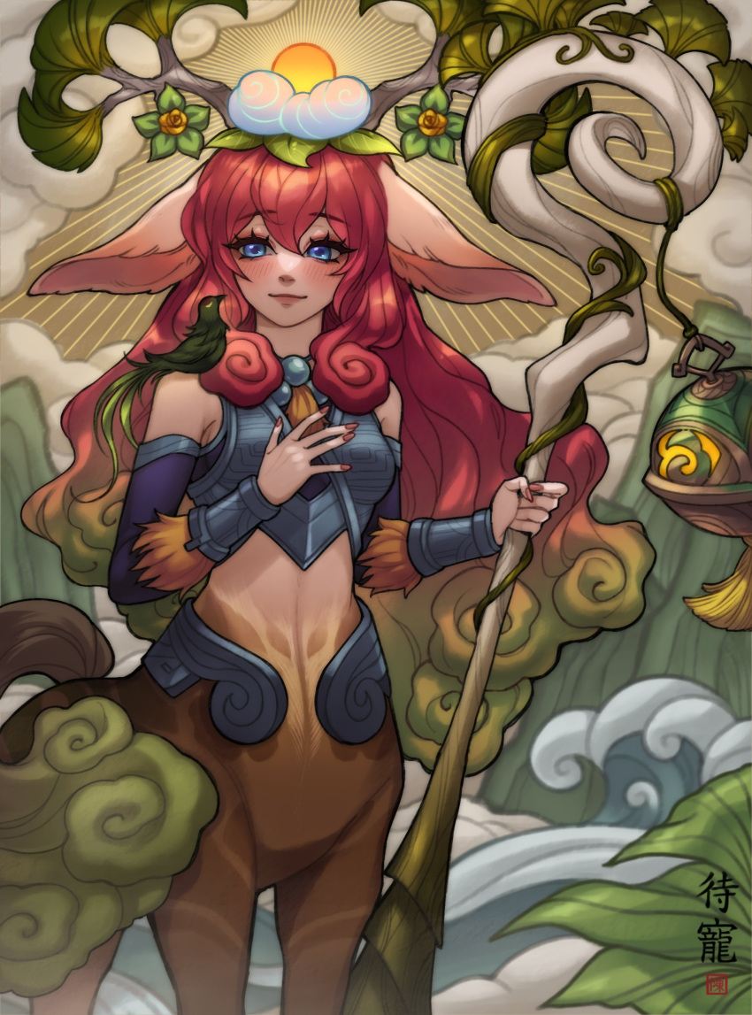 1girl absurdres animal_ears antlers bare_shoulders blonde_hair blue_eyes breasts centaur closed_mouth colored_skin daechong_(degari_chong) detached_sleeves hair_between_eyes hair_ornament hand_up hands_up highres holding holding_staff horse_ears horse_girl horse_tail league_of_legends lillia_(league_of_legends) long_hair looking_down medium_breasts multicolored_hair nail_polish red_hair red_nails shan_hai_scrolls_lillia smile solo staff tail taur translation_request two-tone_hair