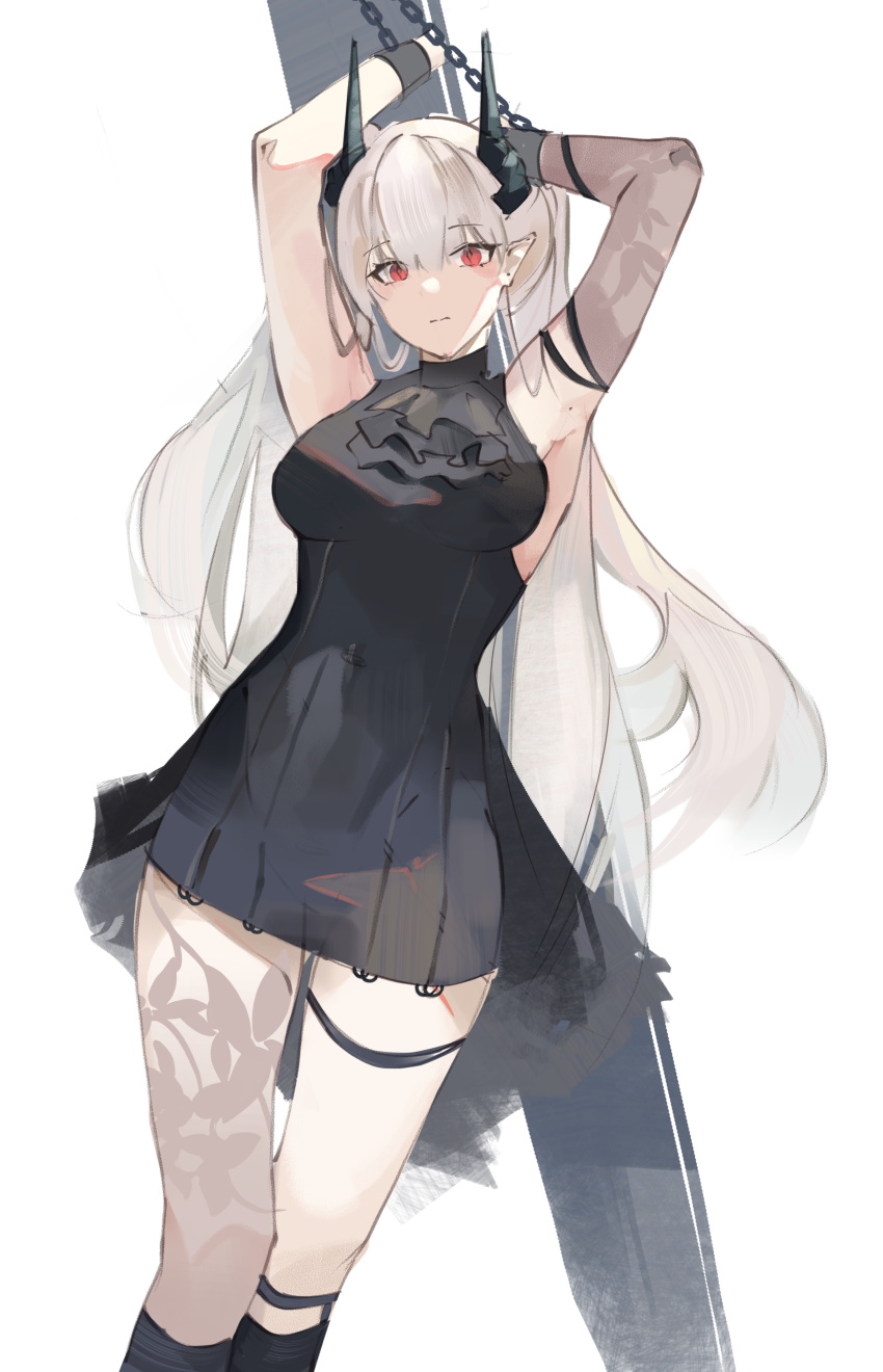 1girl absurdres against_pillar arknights armpits black_dress blank_eyes breasts chain chained chained_sarkaz_girl cmdr_saturn cuffs demon_girl demon_horns dress eyes_visible_through_hair gloves grey_hair hair_between_eyes highres horns long_hair looking_at_viewer medium_breasts pointy_ears red_eyes single_leg_pantyhose single_sleeve solo thigh_strap tied_to_stake twintails very_long_hair