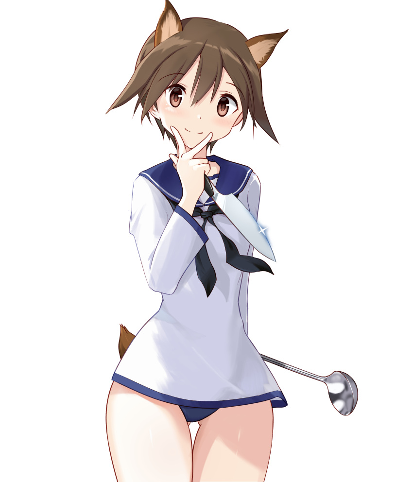 1girl absurdres animal_ears bkf3110 blue_one-piece_swimsuit blush breasts brown_eyes brown_hair closed_mouth dog_ears dog_tail dress highres knife ladle looking_at_viewer military_uniform miyafuji_yoshika one-piece_swimsuit sailor_dress shiny_skin small_breasts smile solo standing strike_witches swimsuit tail uniform v world_witches_series