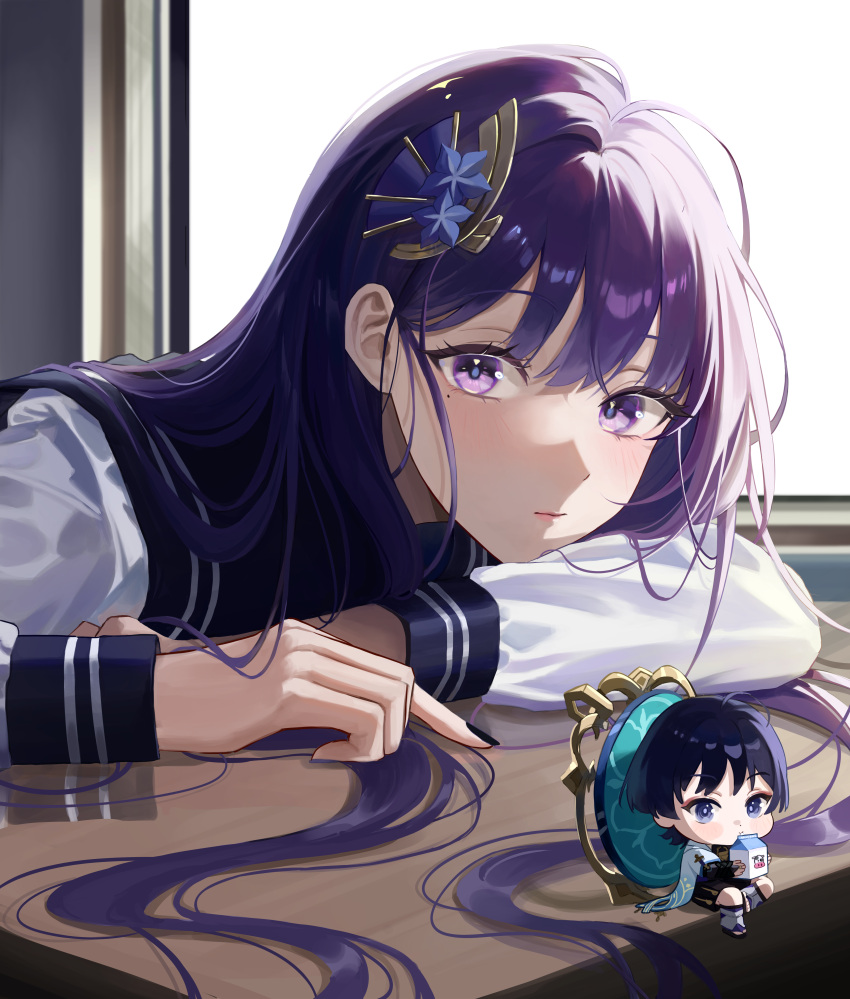 1boy 1girl absurdres alternate_costume arm_rest black_hair black_nails blush chibi classroom closed_mouth commentary contemporary desk english_commentary expressionless eyelashes genshin_impact hair_ornament highres lips long_hair long_sleeves looking_at_viewer milk_carton mole mole_under_eye nail_polish portrait purple_eyes purple_hair raiden_shogun scaramouche_(genshin_impact) school_desk school_uniform serafuku shirt shupami solo_focus sunlight wanderer_(genshin_impact) white_shirt window