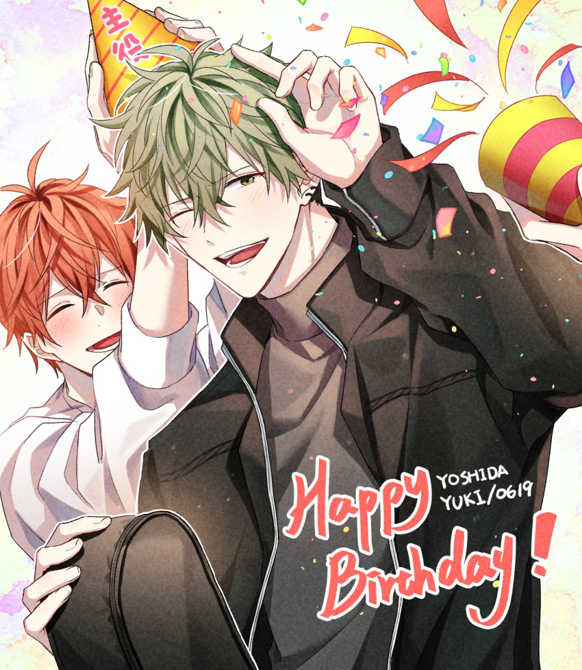 2boys black_jacket blush character_name closed_eyes confetti ear_piercing given guitar_case hand_on_another's_hat hand_up happy_birthday hat highres instrument_case jacket light_green_hair long_sleeves looking_at_viewer male_focus multiple_boys multiple_piercings one_eye_closed open_clothes open_jacket open_mouth orange_hair party_hat party_popper piercing pinoli_(pinoli66) satou_mafuyu smile sweater translation_request turtleneck upper_body white_background white_sweater yellow_headwear yoshida_yuki_(given)